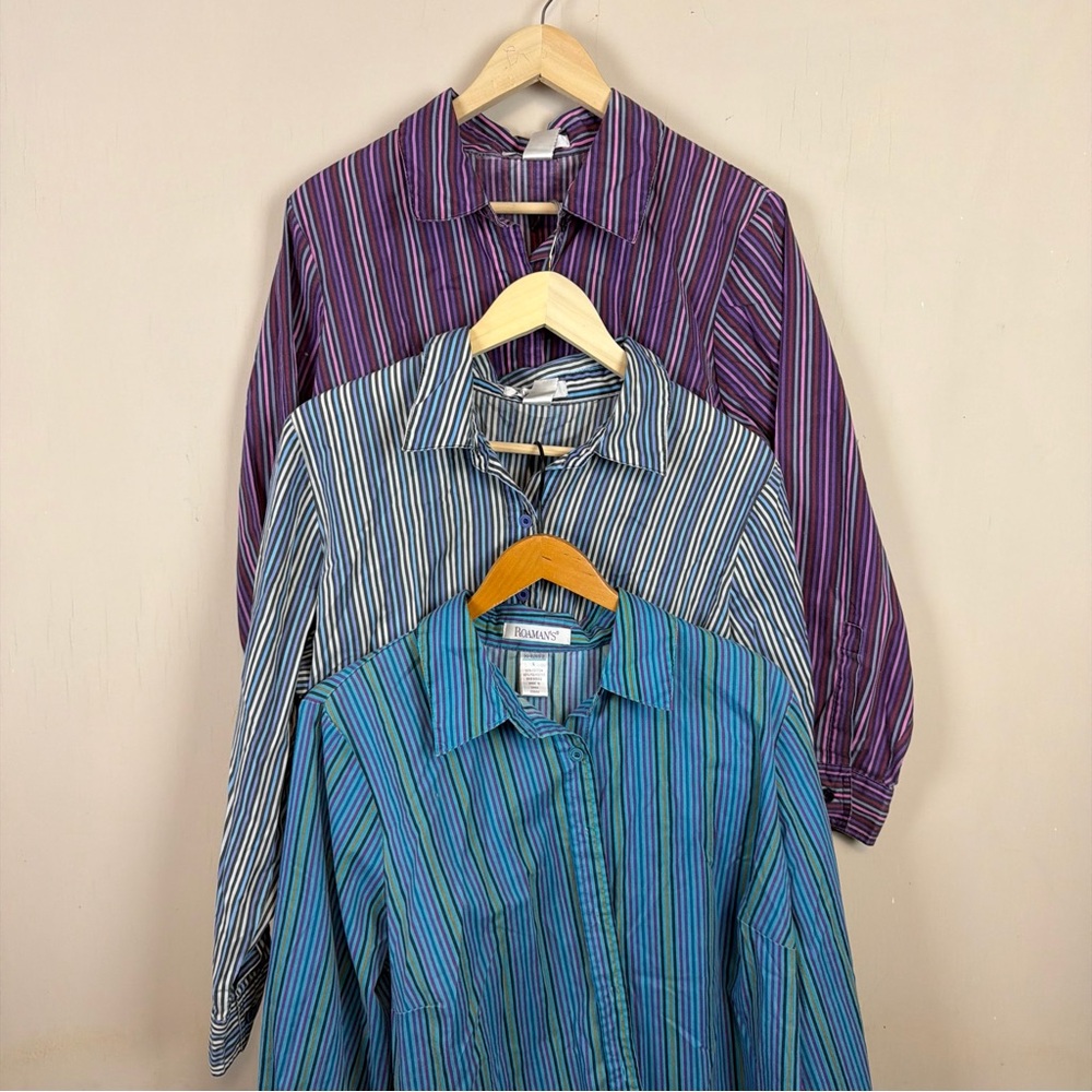 Roamans Shirt Lot of 3 1X 18/20 (L) Long Sleeve Button Up Casual Striped Blue